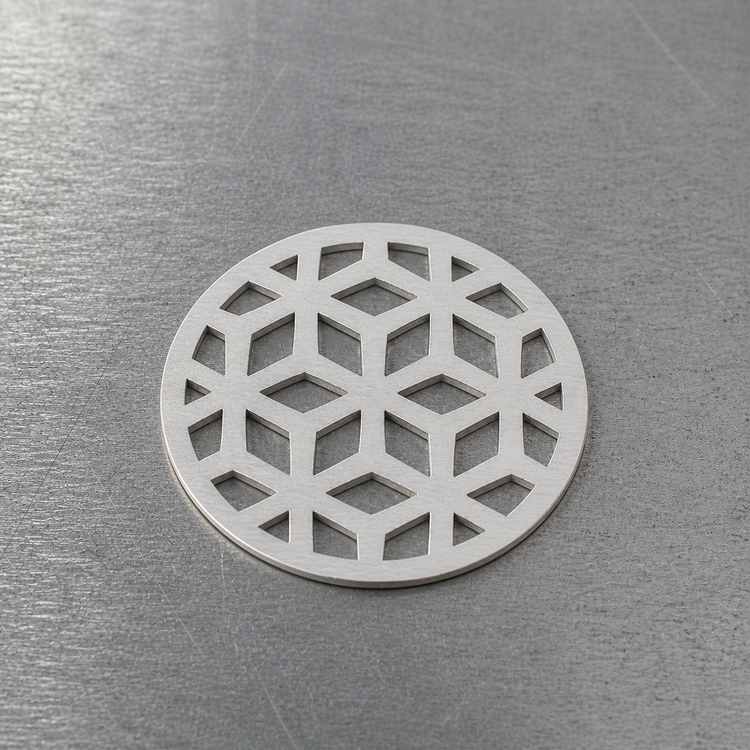 A silver pendant on a steel block with a 6-point Fez pattern (AI-generated)